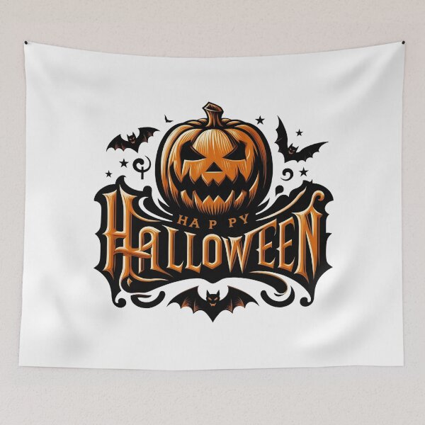 Item preview, Spooky Happy Halloween Typography with Jack-o'-Lantern and Flying Bats    designed and sold by interdesigner.