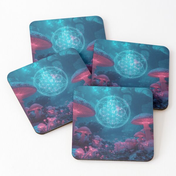 Item preview, Bioluminescent Pink Mushrooms with Seed of Life Mandala designed and sold by monkeybusiness.pt.
