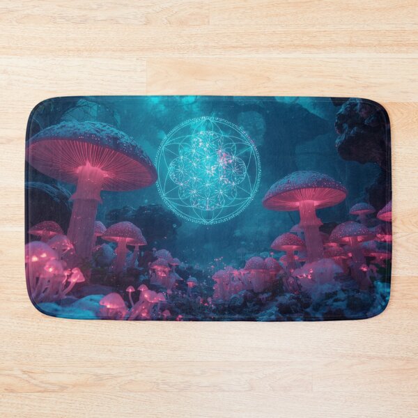 Item preview, Bioluminescent Pink Mushrooms with Seed of Life Mandala designed and sold by monkeybusiness.pt.