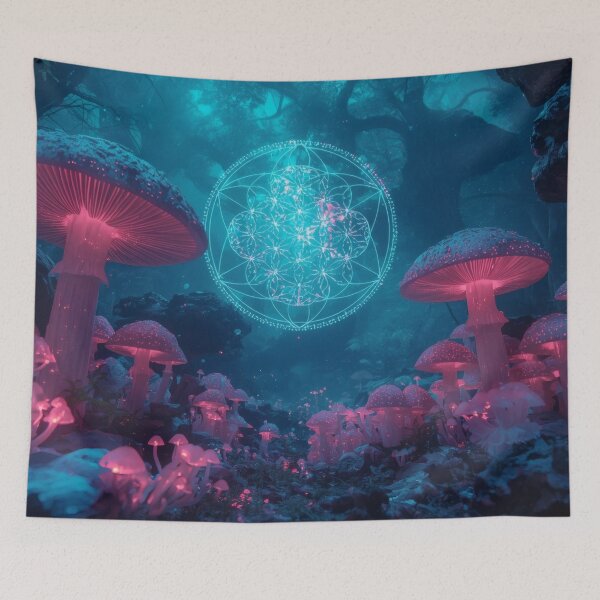 Item preview, Bioluminescent Pink Mushrooms with Seed of Life Mandala designed and sold by monkeybusiness.pt.