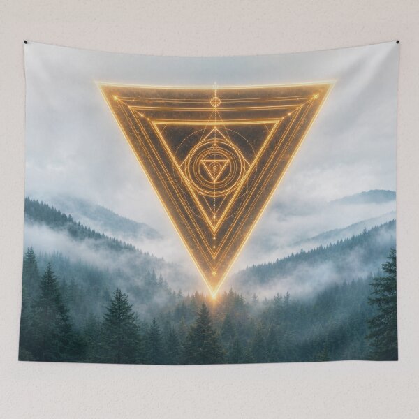 Item preview, Glowing Amber Inverted Triangle Over Misty Pine Forest designed and sold by monkeybusiness.pt.