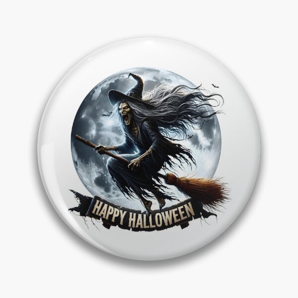 Item preview, Scary Flying Witch on Broomstick with Full Moon Happy Halloween Emblem    designed and sold by interdesigner.