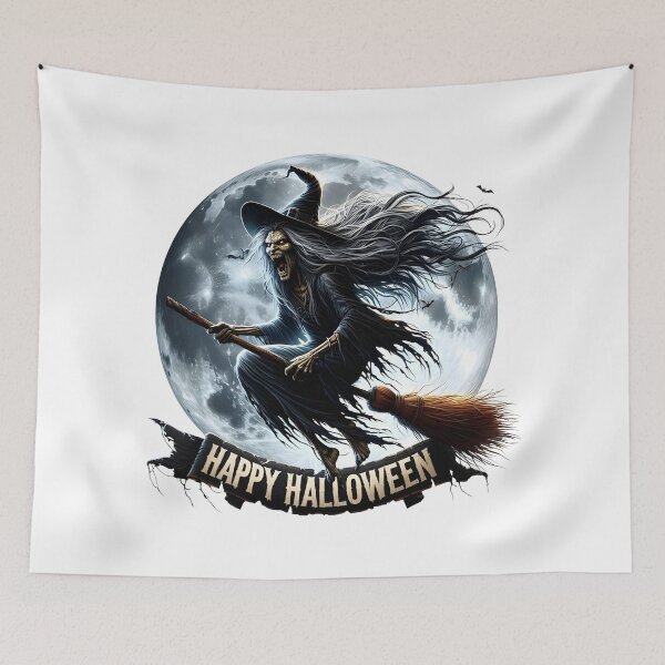 Item preview, Scary Flying Witch on Broomstick with Full Moon Happy Halloween Emblem    designed and sold by interdesigner.