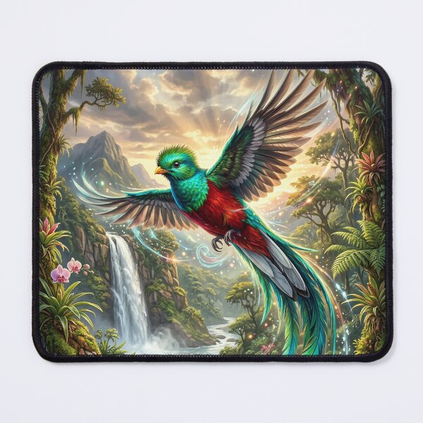 Item preview, Quetzal Flying over Tropical Waterfall - Wildlife Art designed and sold by Lucid Dream Pixel.