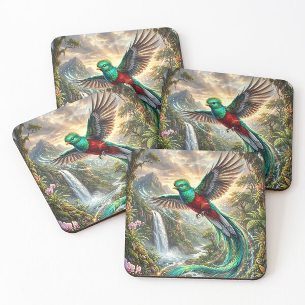 Item preview, Quetzal Flying over Tropical Waterfall - Wildlife Art designed and sold by Lucid Dream Pixel.