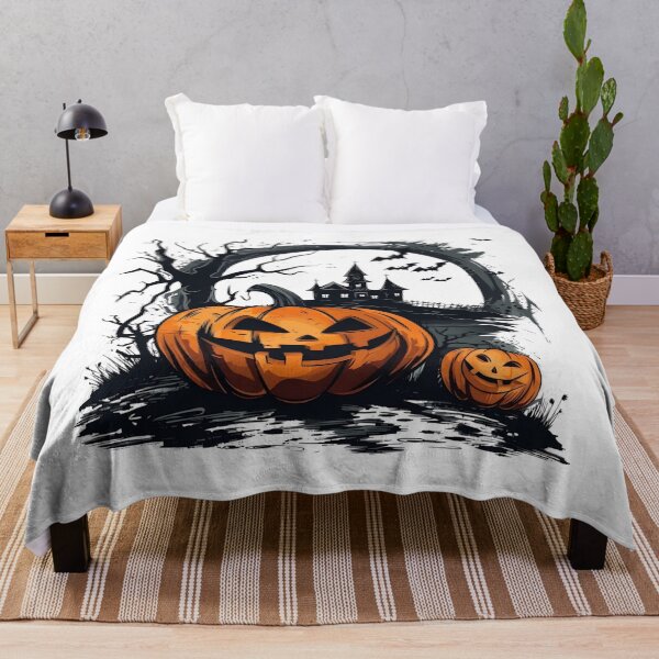 Item preview, Spooky Jack-o'-Lanterns with Haunted Castle and Bats Under Moonlit Night    designed and sold by interdesigner.