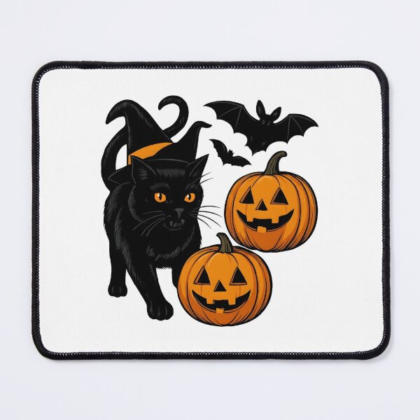 Item preview, Spooky Black Cat in Witch Hat with Jack-o'-Lanterns and Bats designed and sold by interdesigner.