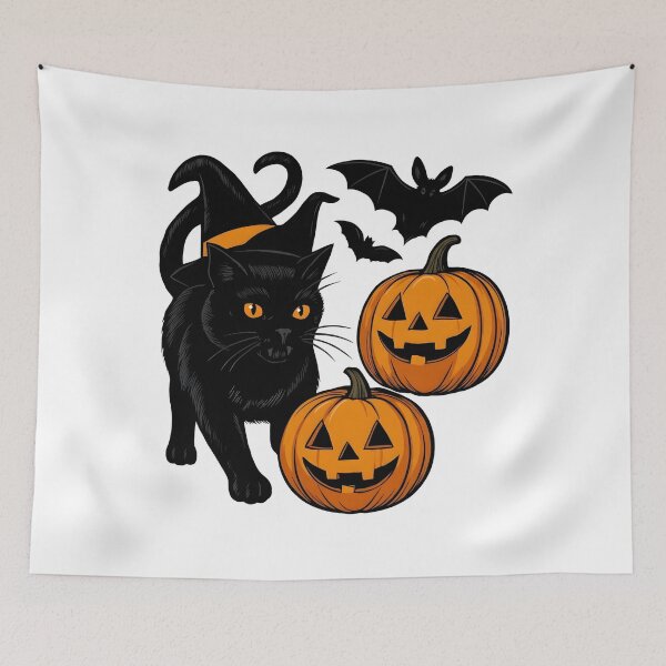 Item preview, Spooky Black Cat in Witch Hat with Jack-o'-Lanterns and Bats    designed and sold by interdesigner.