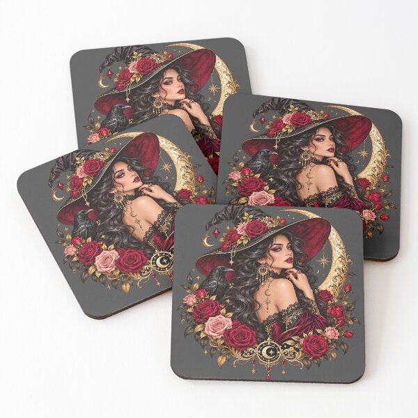 Item preview, Glamorous Rose Witch – Raven, Moon & Burgundy Roses designed and sold by JanuszJarowicz.