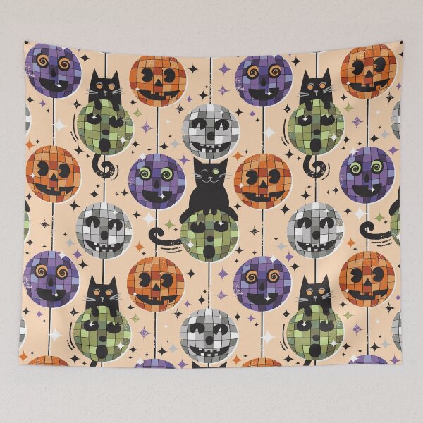 Item preview, Groovy halloween disco cat - kitty orange blue green retro balls designed and sold by SelmaCardoso.