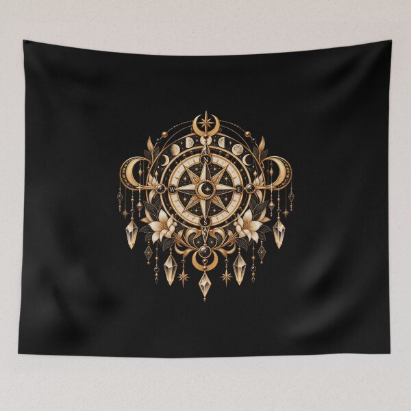 Item preview, Boho Celestial Sacred Gold Compass Moon Art designed and sold by BohoMysticArt.