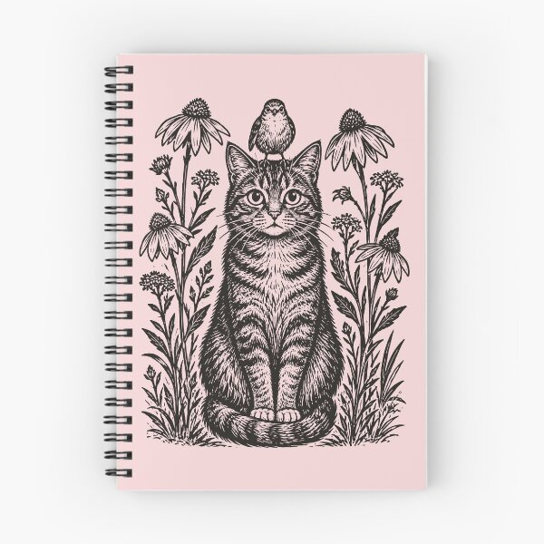 Item preview, Cat and Bird Floral Folk Art Botanical Linocut  designed and sold by Y-Vibes.