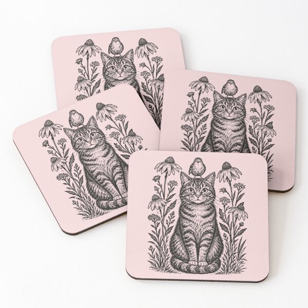 Item preview, Cat and Bird Floral Folk Art Botanical Linocut  designed and sold by Y-Vibes.