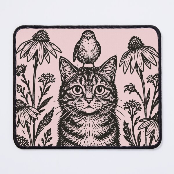 Item preview, Cat and Bird Floral Folk Art Botanical Linocut designed and sold by Y-Vibes.