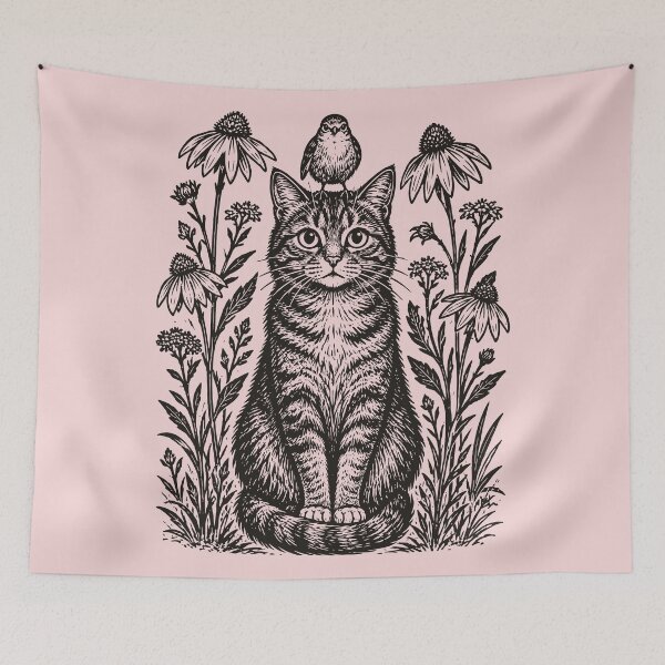 Item preview, Cat and Bird Floral Folk Art Botanical Linocut  designed and sold by Y-Vibes.