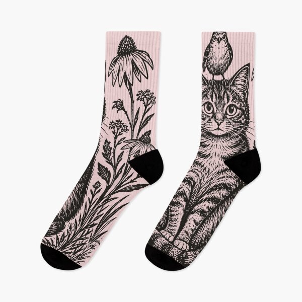 Item preview, Cat and Bird Floral Folk Art Botanical Linocut  designed and sold by Y-Vibes.