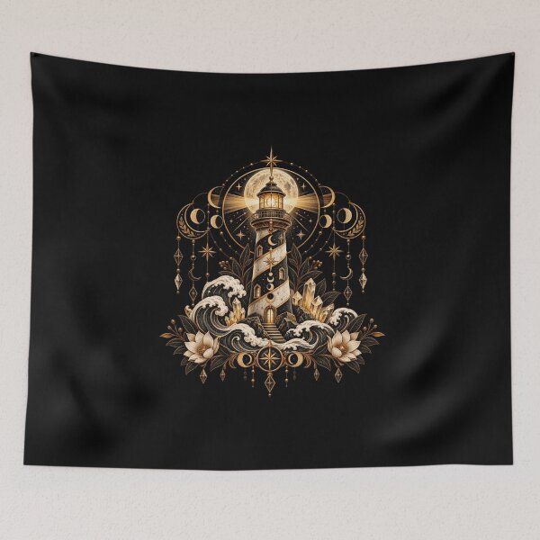 Item preview, Boho Celestial Sacred Gold Lighthouse Ocean Art designed and sold by BohoMysticArt.