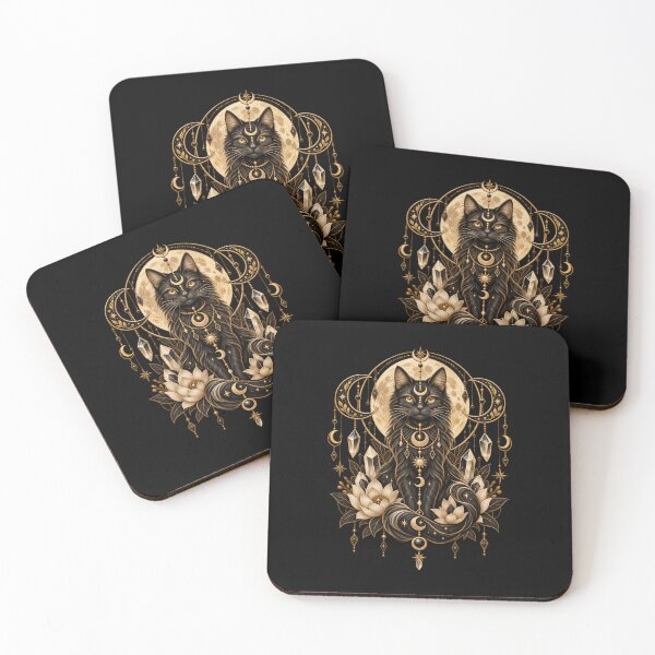 Item preview, Boho Celestial Sacred Gold Black Cat Art designed and sold by BohoMysticArt.