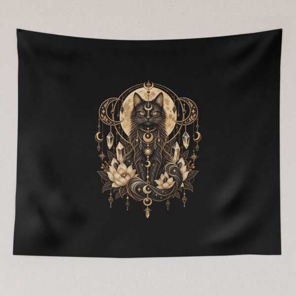 Item preview, Boho Celestial Sacred Gold Black Cat Art designed and sold by BohoMysticArt.