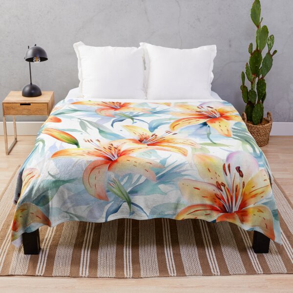 Item preview, Watercolor Lily Floral Pattern in Peach Orange and Blue designed and sold by GoDesign1.