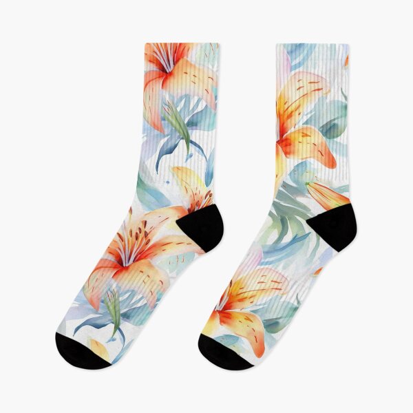 Item preview, Watercolor Lily Floral Pattern in Peach Orange and Blue designed and sold by GoDesign1.