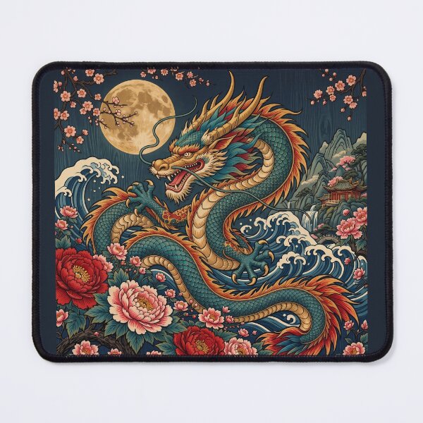 Item preview, Chinese Dragon with Ocean Waves and Peonies – Ukiyo-e Art designed and sold by ManJiangHong.