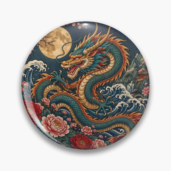 Item preview, Chinese Dragon with Ocean Waves and Peonies – Ukiyo-e Art designed and sold by ManJiangHong.