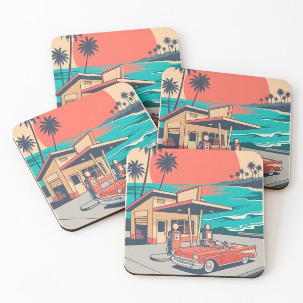 Item preview, Vintage Red Classic Car at Coastal Gas Station – Retro Beach Road Trip Design designed and sold by Sea Gem.