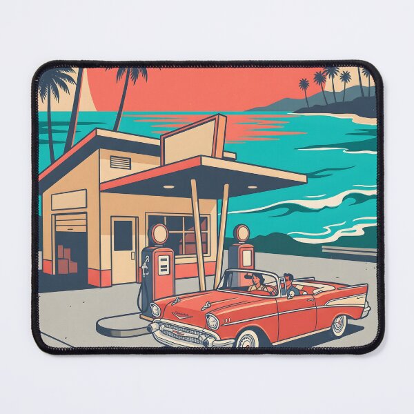 Item preview, Vintage Red Classic Car at Coastal Gas Station – Retro Beach Road Trip Design designed and sold by Sea Gem.