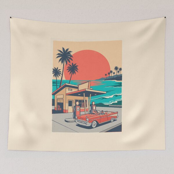 Item preview, Vintage Red Classic Car at Coastal Gas Station – Retro Beach Road Trip Design designed and sold by Sea Gem.