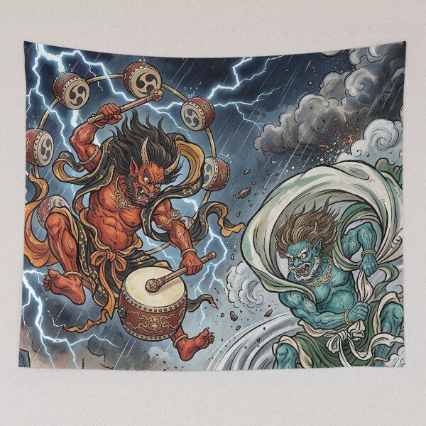 Item preview, Raijin and Fujin Gods over Stormy Japanese Landscape designed and sold by Lucid Dream Pixel.