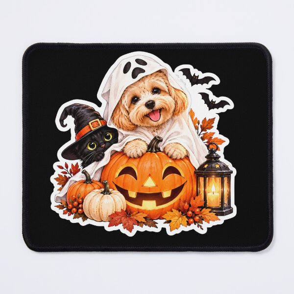 Item preview, Cute Maltipoo Ghost and Black Cat Halloween designed and sold by GusiaTreasures.
