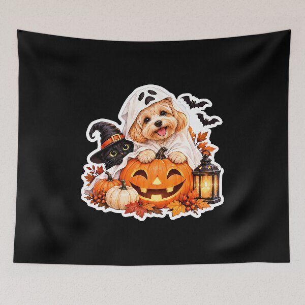 Item preview, Cute Maltipoo Ghost and Black Cat Halloween designed and sold by GusiaTreasures.