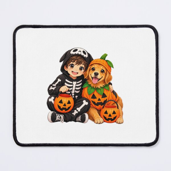 Item preview, Cute Boy in Skeleton Costume and Golden Retriever Dog in Pumpkin Suit Halloween designed and sold by FootprintofLove.
