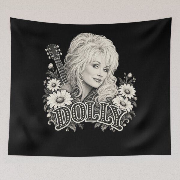Item preview, Dolly Parton Pearl Lettering Daisies Guitar Black White Portrait designed and sold by choudane.