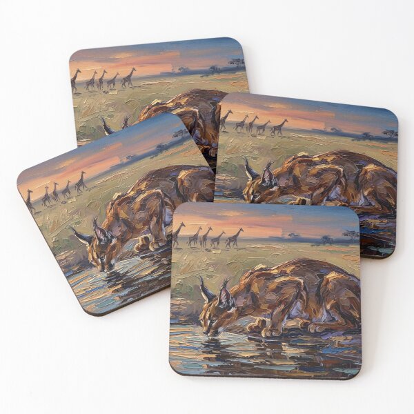 Item preview, Caracal at the Waterhole – Expressive Impasto Wildlife Painting designed and sold by The Digital Compass.