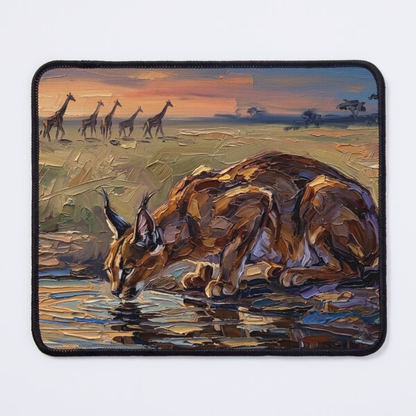 Item preview, Caracal at the Waterhole – Expressive Impasto Wildlife Painting designed and sold by The Digital Compass.