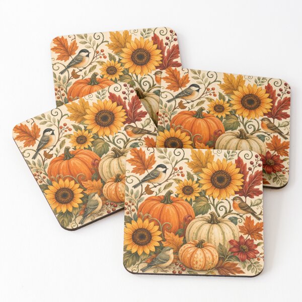 Item preview, Folk Art Autumn Harvest with Pumpkins Sunflowers Birds and Fall Leaves designed and sold by ArtDesignRemix.