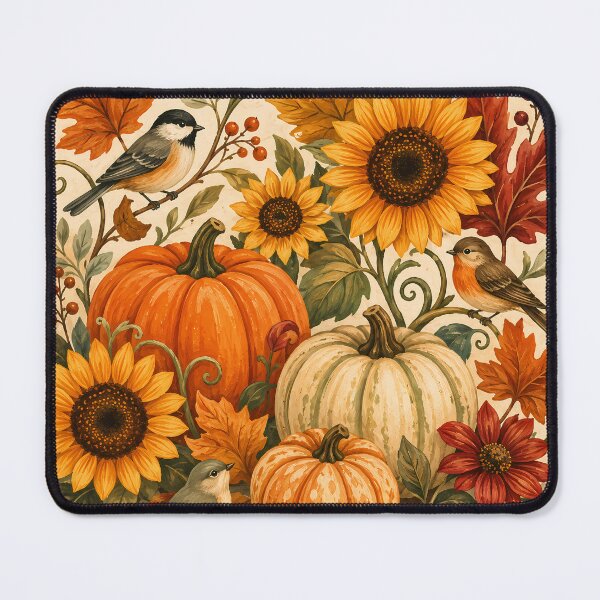 Item preview, Folk Art Autumn Harvest with Pumpkins Sunflowers Birds and Fall Leaves designed and sold by ArtDesignRemix.