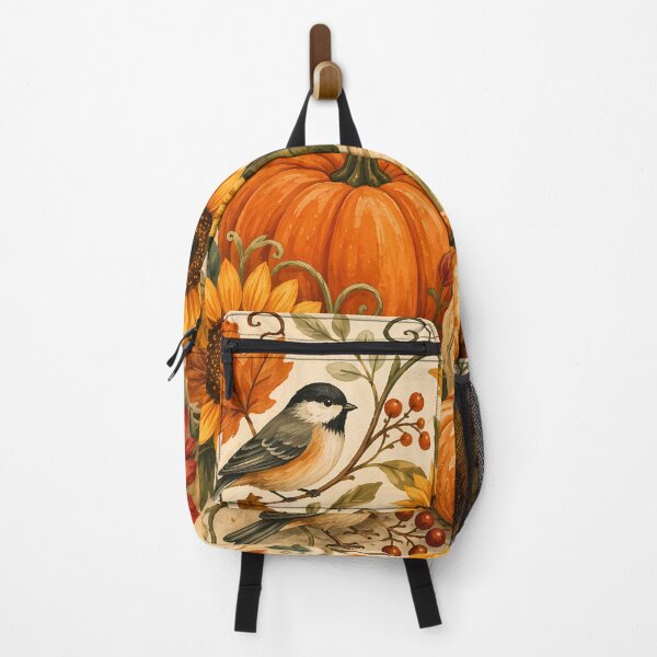 Item preview, Folk Art Autumn Harvest with Pumpkins Sunflowers Birds and Fall Leaves designed and sold by ArtDesignRemix.