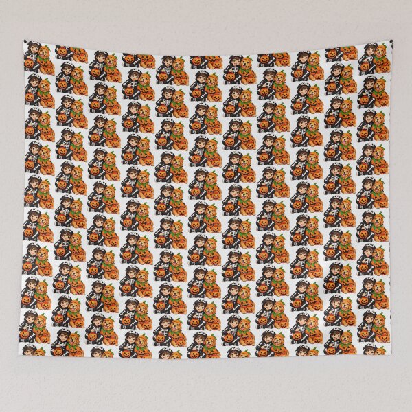 Item preview, Cute Boy in Skeleton Costume and Golden Retriever Dog in Pumpkin Suit Halloween designed and sold by FootprintofLove.
