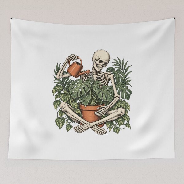 Item preview, Skeleton Watering Houseplants - Gothic Gardening Art designed and sold by cybersilverhand.