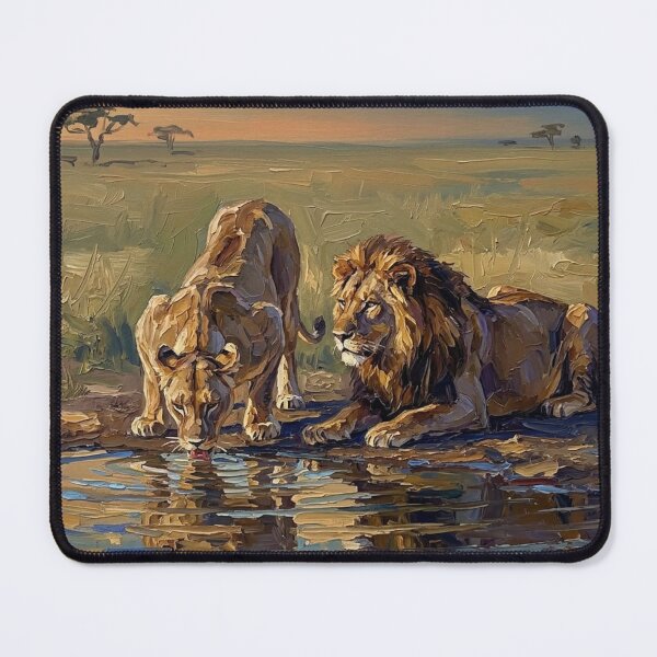 Item preview, Lions at the Waterhole – Expressive Impasto Wildlife Painting designed and sold by The Digital Compass.