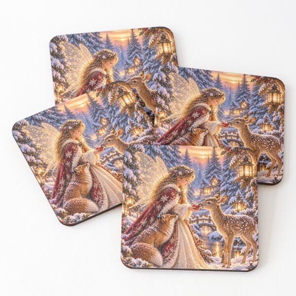 Item preview, Winter Fairy Feeding Deer in Snowy Forest designed and sold by Meandmyshop.