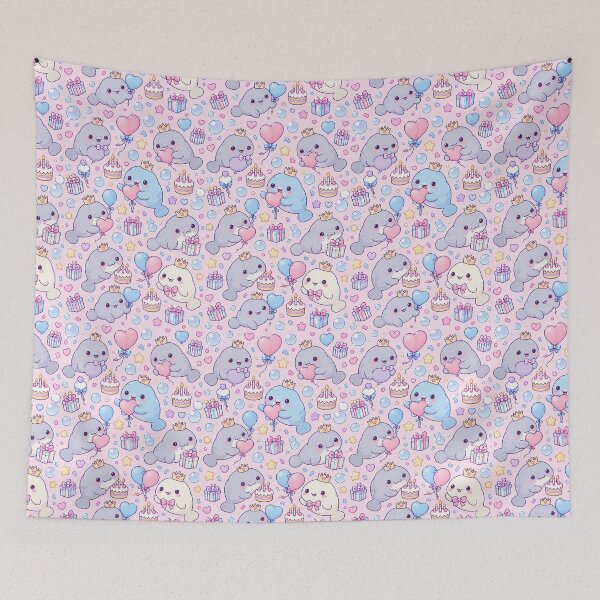 Item preview, Kawaii Birthday Baby Manatee Pastel Pattern designed and sold by Soft Berry Studio.
