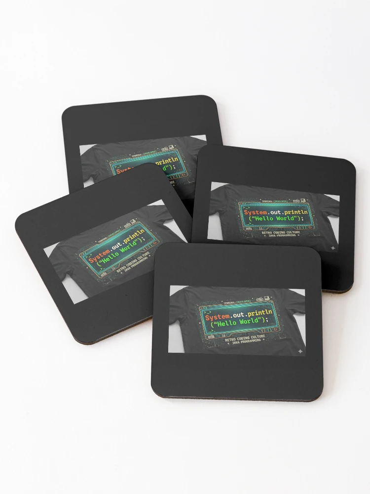 Thumbnail 1 of 5, Coasters (Set of 4), Retro Java Hello World Programmer Humor designed and sold by TBillMAG — Retro Tech & IT Humor.