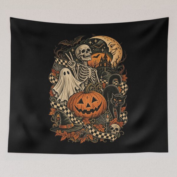 Item preview, Vintage Halloween Skeleton Ghost Pumpkin Black Cat Spooky Collage designed and sold by will freed18.