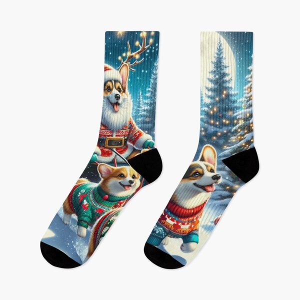 Item preview, Corgi Sleigh Team Christmas Art — Santa Paws Dogs Pulling Sleigh Under Moonlit Sky designed and sold by cybercanvasmuse.