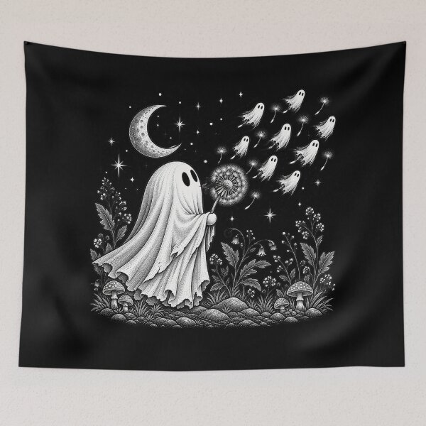 Item preview, Vintage Ghost Blowing Dandelion Spirits Under Crescent Moon designed and sold by will freed18.