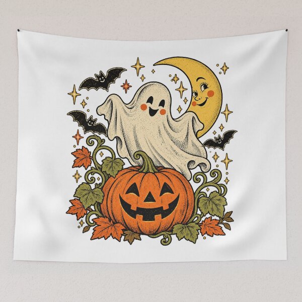Item preview, Cute Vintage Halloween Ghost Pumpkin Crescent Moon designed and sold by will freed18.